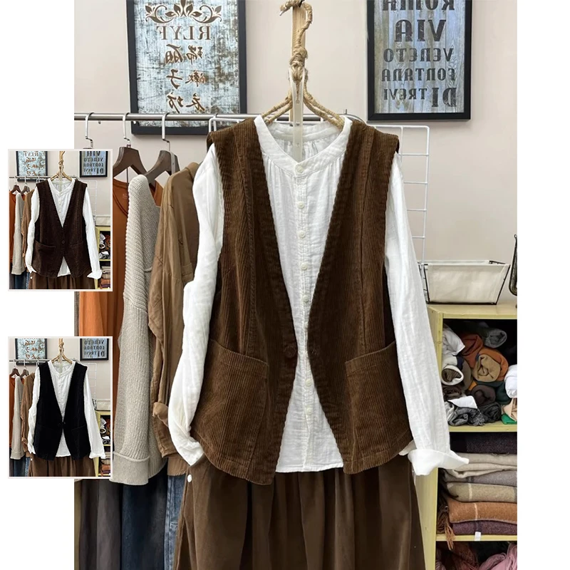 

Модный однотонный вельветовый жилет, женский свободный V-образный вырез, универсальный наконечник, подходит для длины, детали на пуговицах