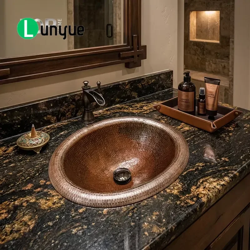 Hand Painted Round Copper Sink Brushed Finish Bathroom Basin Farmhouse Washstand Easy to Clean Durable Vessel Lavatory