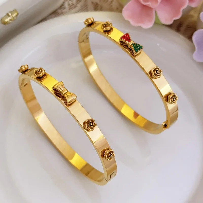 Exaggerated Gold Color Stainless Steel Red Green Crystal Bowknot Roses Open Unadjustable Bangles for Women Flower Jewelry Gifts