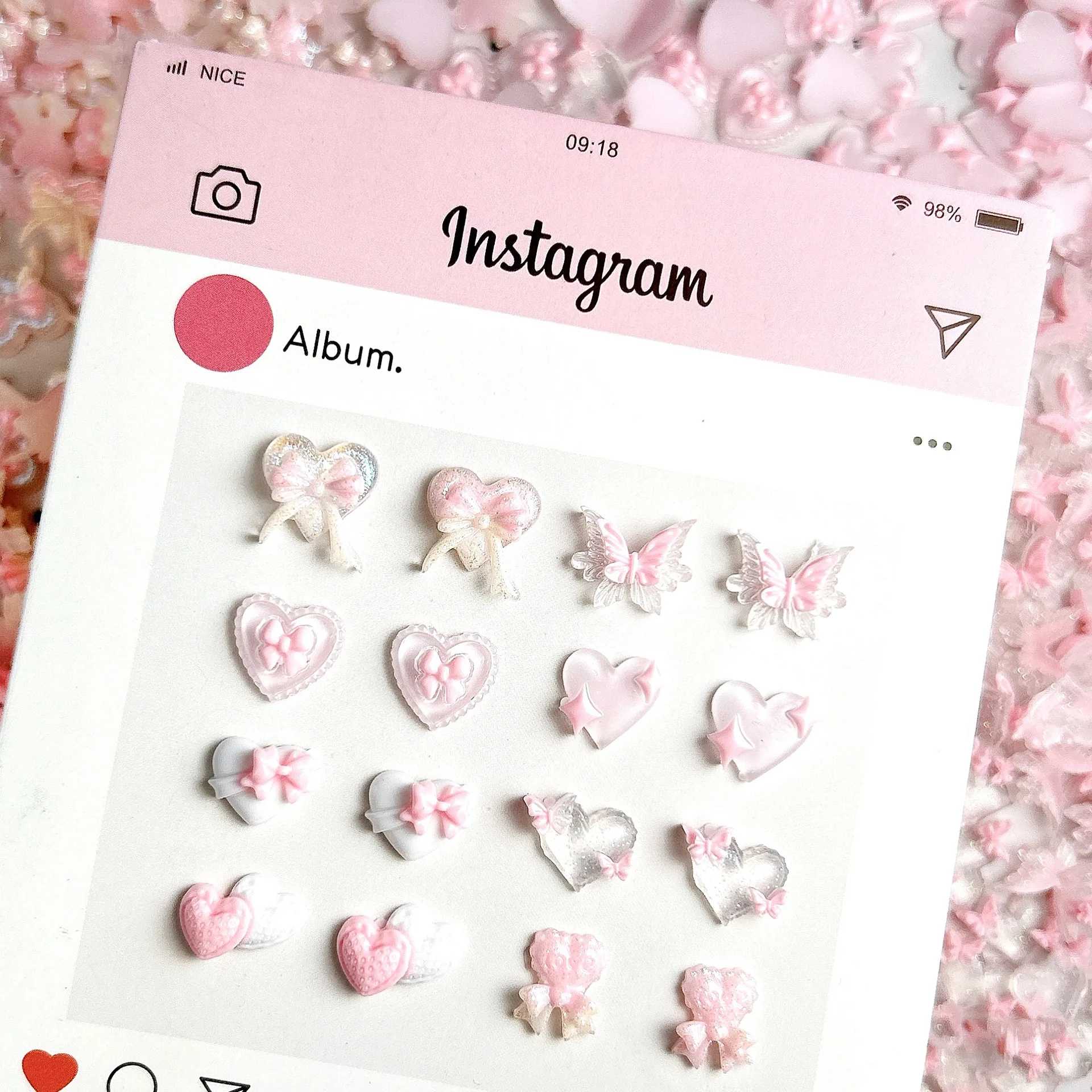 40 stuks roze 3D acryl liefde hart nail art charmes vlinder strikken accessoires voor lichtgevende manicure nagels decoratie benodigdheden