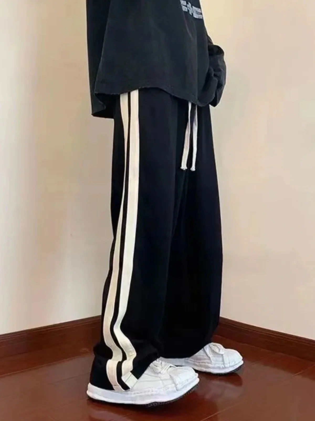 

American Stripe Wide Leg Pants Women Spring Summer New Straight Long Loose Student Black Sports Floor-Length Pants