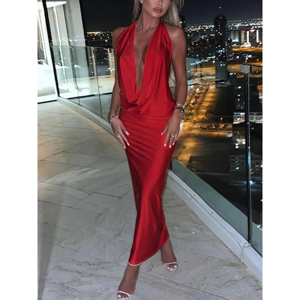 

Dulzura Autumn Halter Backless Midi Dress Women's Fashion H-Line Midi Dress Embroidered Detail Mid-Calf Length PVC Fabric