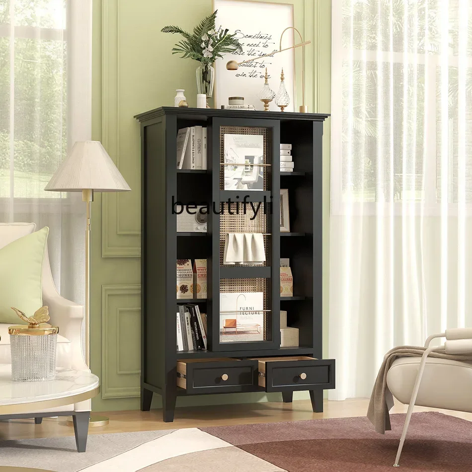 Living room combination bookcase retro side cabinet decorative rattan sundry cabinet sliding door display cabinet