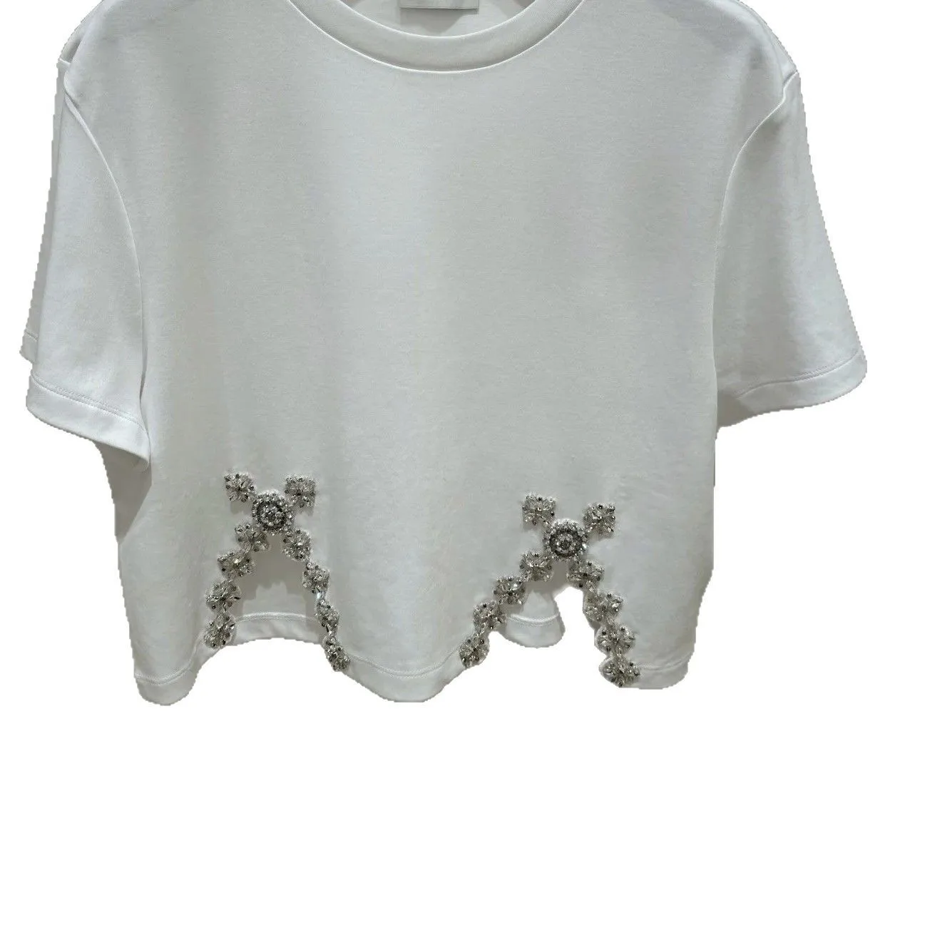 

Women Rhinestone Decoration White T-Shirt Summer O-Neck Short Sleeve Irregular Hem Fashion Tee Tops