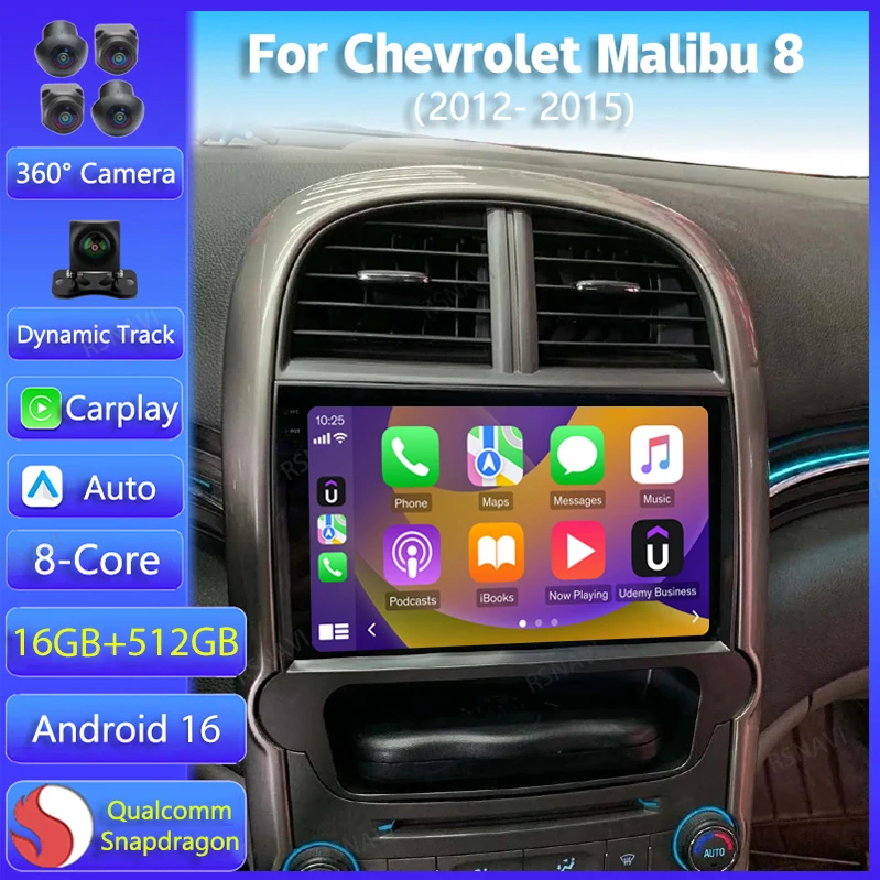 Radio para Auto Android 16 para Chevrolet Malibu 8 2012 2013 - 2015, Carplay, GPS, Cámara 360, Video, Navegación Inalámbrica, Reproductor Estéreo