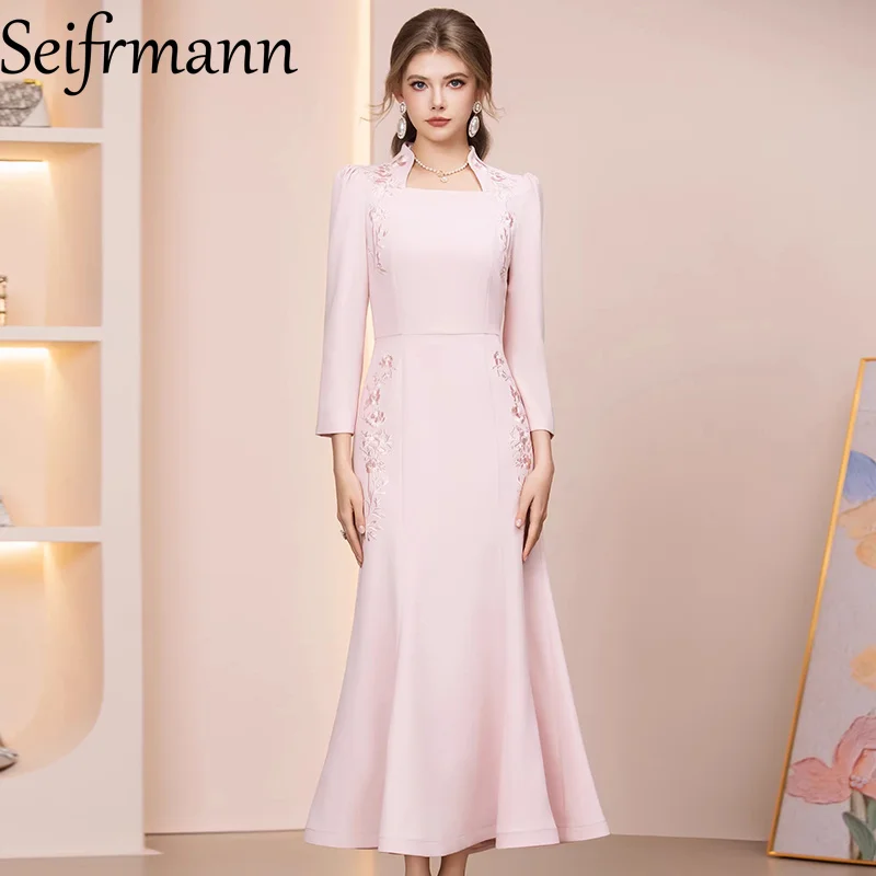 

Seifrmann 2026 Spring Women's New Fashion Stand up Collar Long Sleeve Embroidered Waist cinching Bag Hip Fish Tail Dress