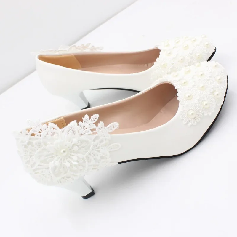 Wedding Women Pumps PU Lace 3 5 8 CM Thin Heels Autumn New Product Simple White Lace Pearl Decoration Bridal Shoes Woman Shoe