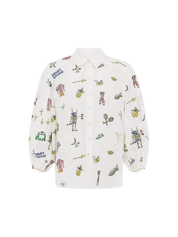 Susan Australian Linen Long Sve Embroidered Pattern Casual Loose irt Versatile Top Women's Busin Casual Faion