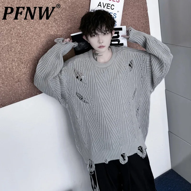 PFNW Irregular Hollow Out Design Hole Knitwear Oversized Tops Autumn Winter Trend New Men's Solid Color Loose Sweater 28W5245