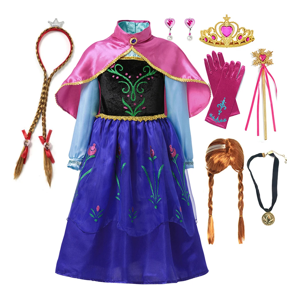 Anna Princess Costume for Kids Girls 2PCS Set with Cape Cosplay Fancy Carnival Birthday Party Dresses Children Outfits Dress