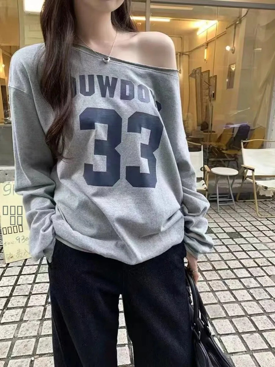 

Американский свитшот BM с длинным рукавом и принтом, свободный повседневный топ BM, универсальный хлопковый топ на одно плечо