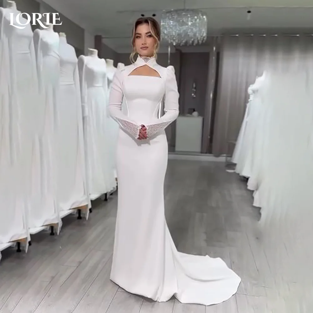 

LORIE Lace Muslim Wedding Dresses Applique High Collar Flared Sleeve Church Mermaid Bridal Gown vestido de novia Customized