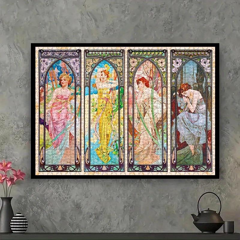 Art Nouveau Stained Glass Style Four Panels Jigsaw Puzzle Adult Vintage Art Theme Intellectual Game Home Leisure Decorative Puzz