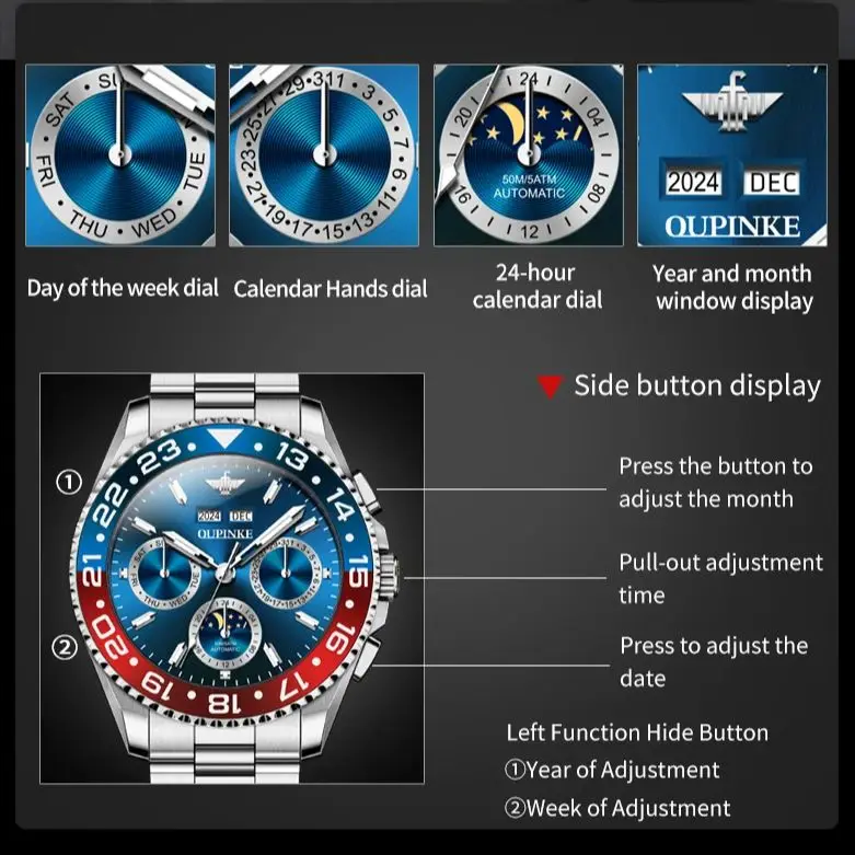 Oupinke 3271 relógio masculino original marca todo automático relógio mecânico multifuncional fase da lua cronógrafo presente superior reloj