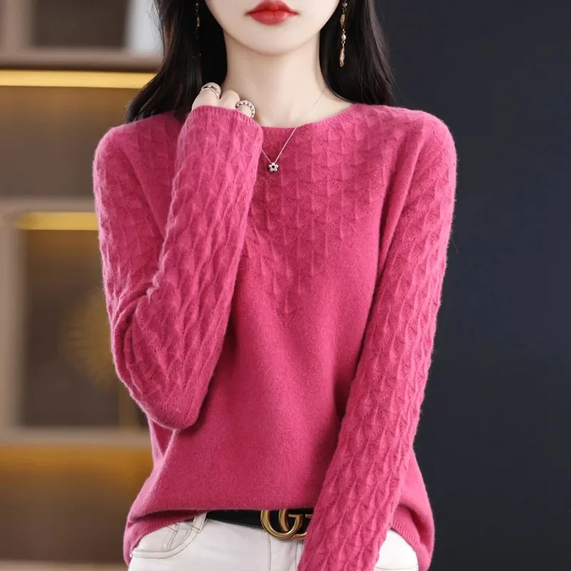 Pulôver de caxemira com decote em o, suéter 100% lã merino, malha básica, manga comprida, top de roupas femininas, primavera, outono, novo