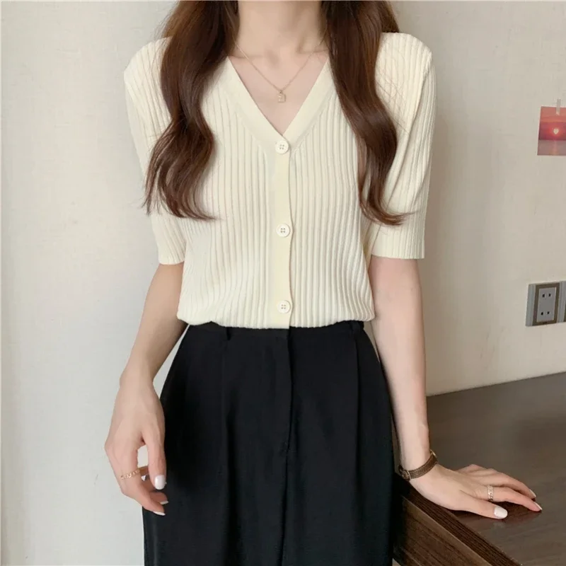 Summer Knitted Cardigans Women Korean Fashion Basics Multicolor Ice Silk Thin Short Sleeve Cardigan Crop Tops