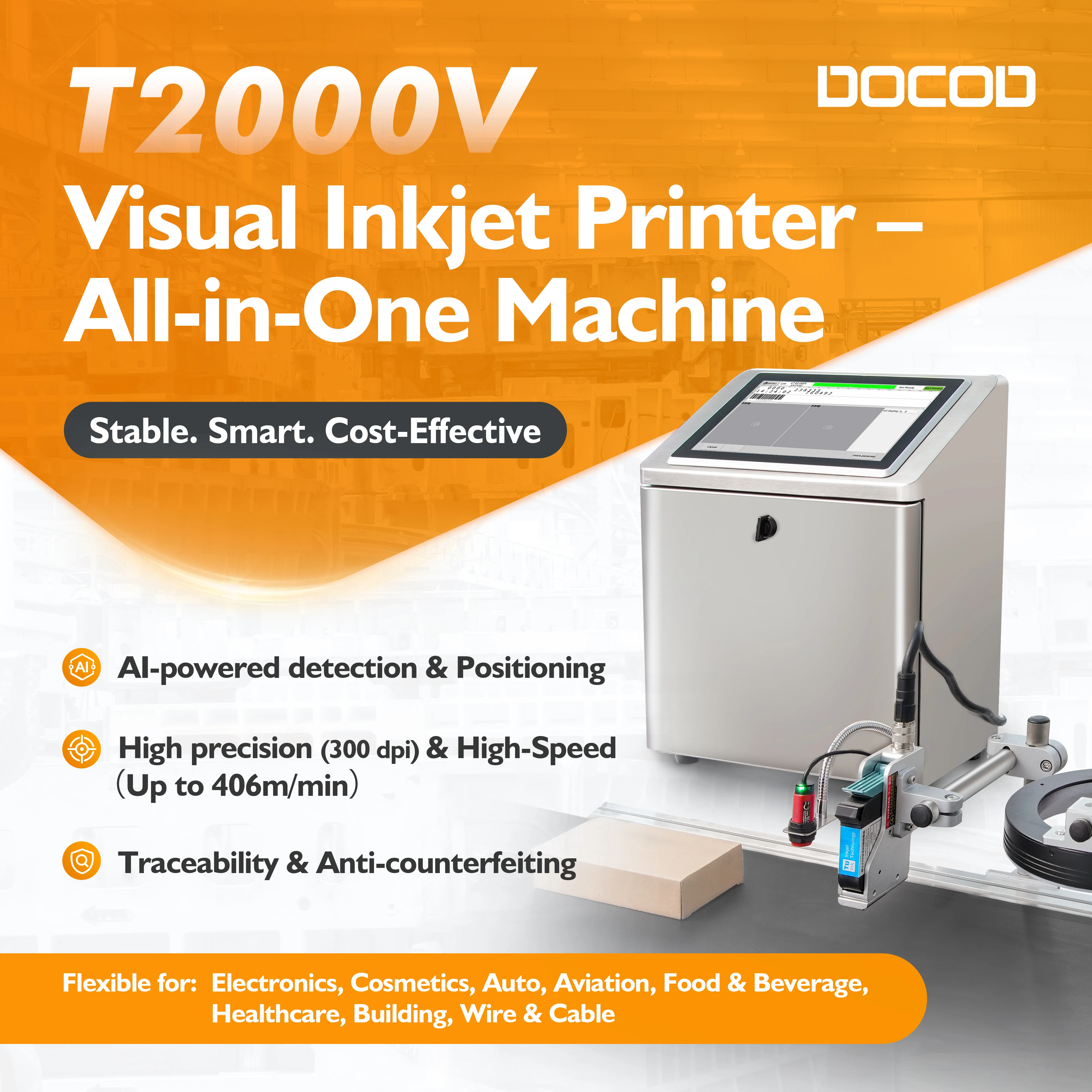 High Performance DOCOD TIJ T2000V Visual Inkjet Printer Date Coding Machine for Packaging Manufacturing Identification Detection