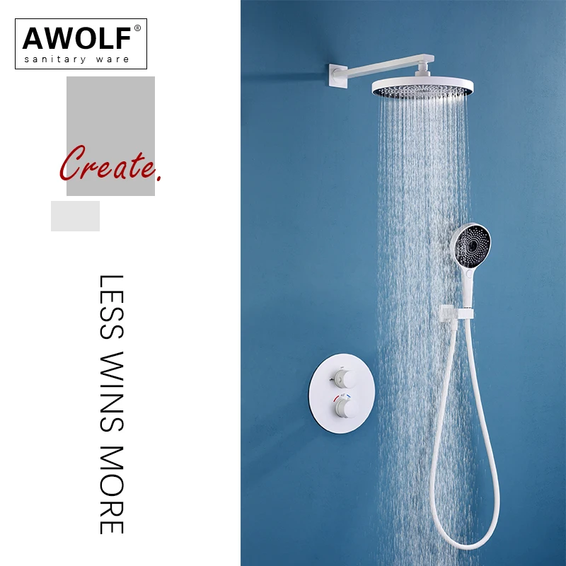 Imagem -03 - Awolf Banheiro Branco 40 °c Inteligente Sistema de Chuveiro Termostática Automático Latão Fixado na Parede Split Incorporado Chuveiro Mixer Conjunto Ah3060