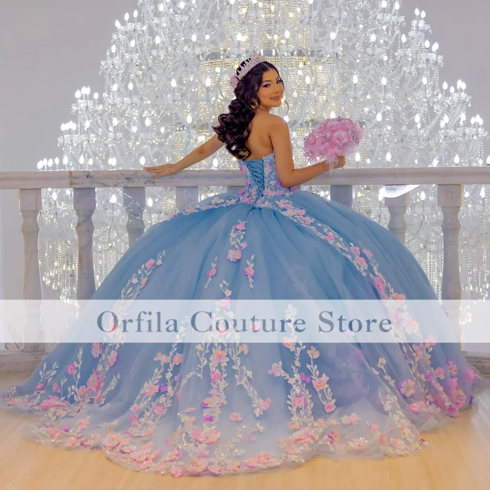 Blue Quinceanera Dresses Sweetheart Lace Applique Flowers Sweet 16 Dress Girl Prom Party Gowns Vestidos De 15 Años