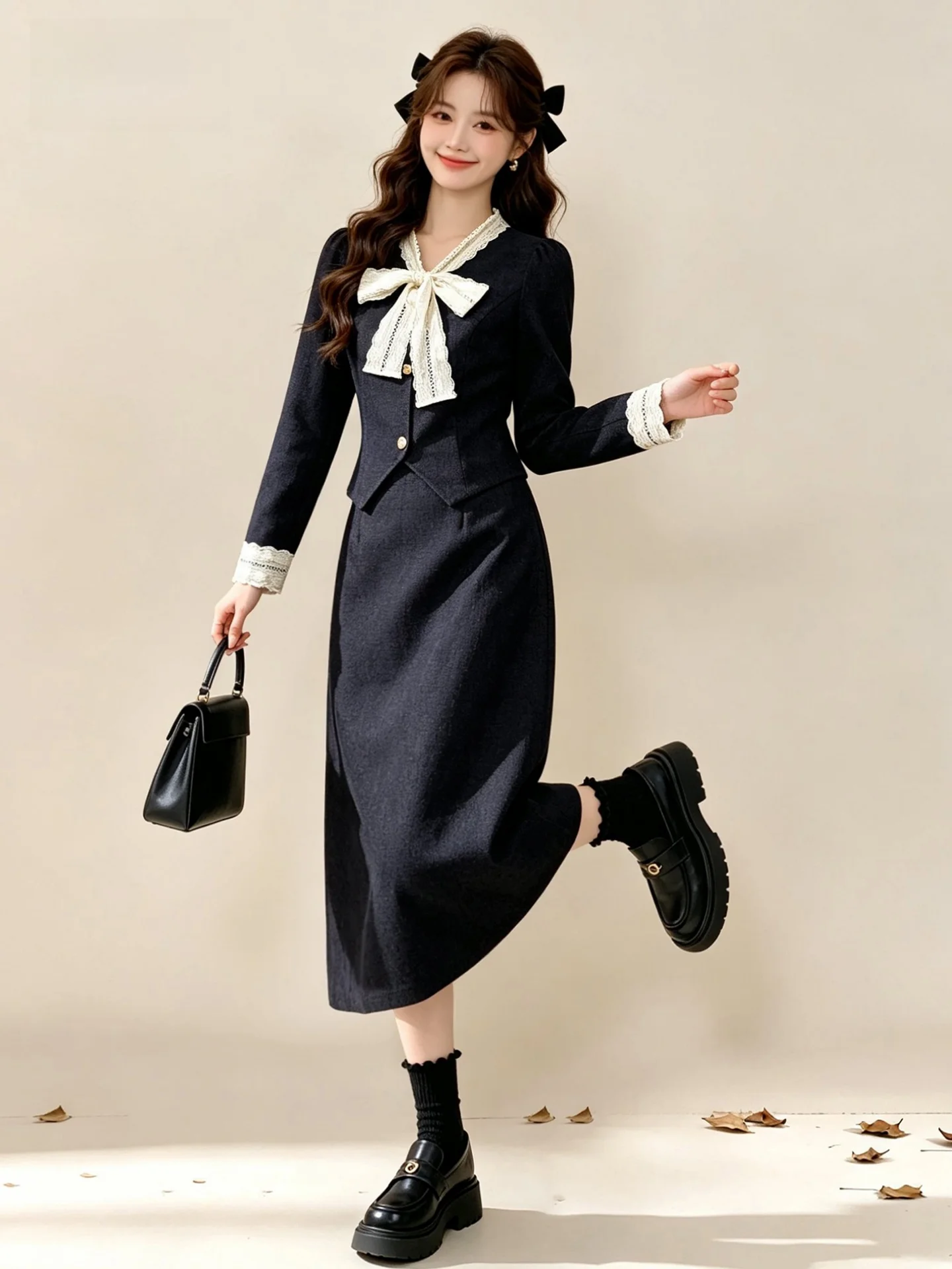 Chic Unique Small Set Beautiful Miu Series Women's Autumn Straight Tube Long Skirt Two-Piece Set High Waist Warm Polyester