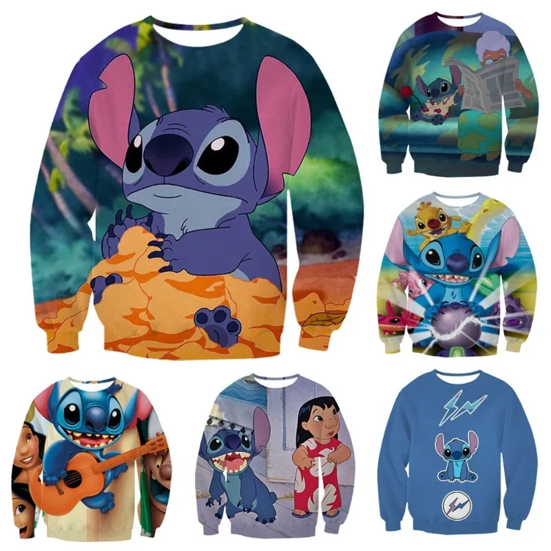 3D Digital Printing AnimationStitch Cute Warm Crewneck Sweatshirts for Children and Adults Autumn Winter Daily Necessities
