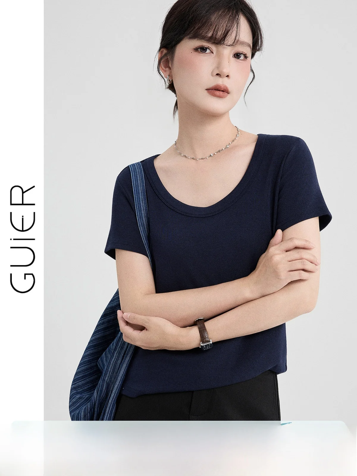 Guier Casual Short Sleeve T-Shirt Women's round Neck Slim Fit Versatile Top Shoulder Width Standard Summer New Arrival