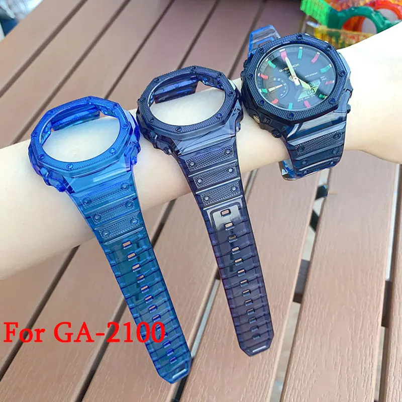 Transparent Resin Case+ Strap For Casio G-SHOCK GA-2100 Bracelet Replace Band Bezel Belt Gradient Rainbow Watchband 19 Colors