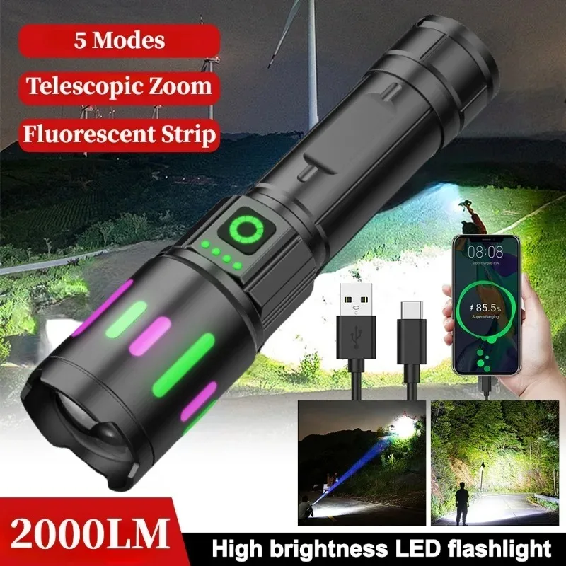 強力な強力な光懐中電灯-led-ポータブル懐中電灯タイプ-c-充電出力ズームアルミ合金屋外ハンドランプキャンプ用