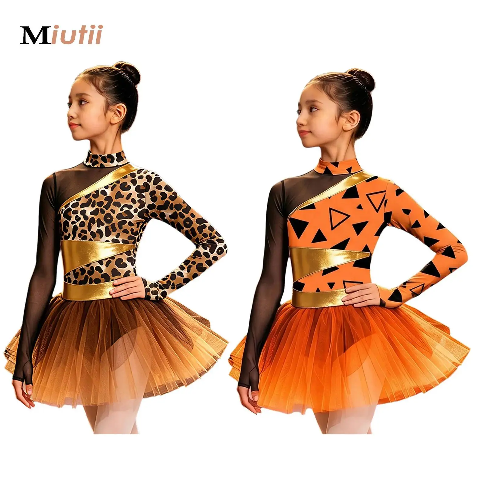 

Kids Girls Ballet Dress Metallic Gloss Patchwork Long Sleeve Printed Mesh Tutu Dress Historical Prehistoric Cave Stone Costume