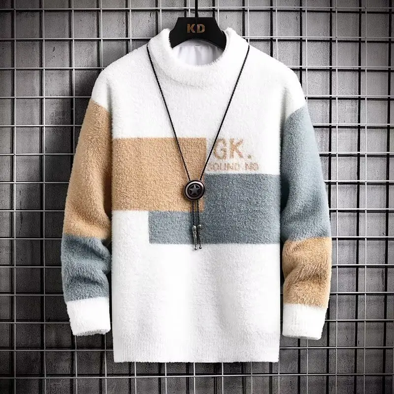 

Faionable Knitted Sweater f High Collar Color Blo Youth Winter New Arrival Quali Teenagers Long Sve round Ne Top