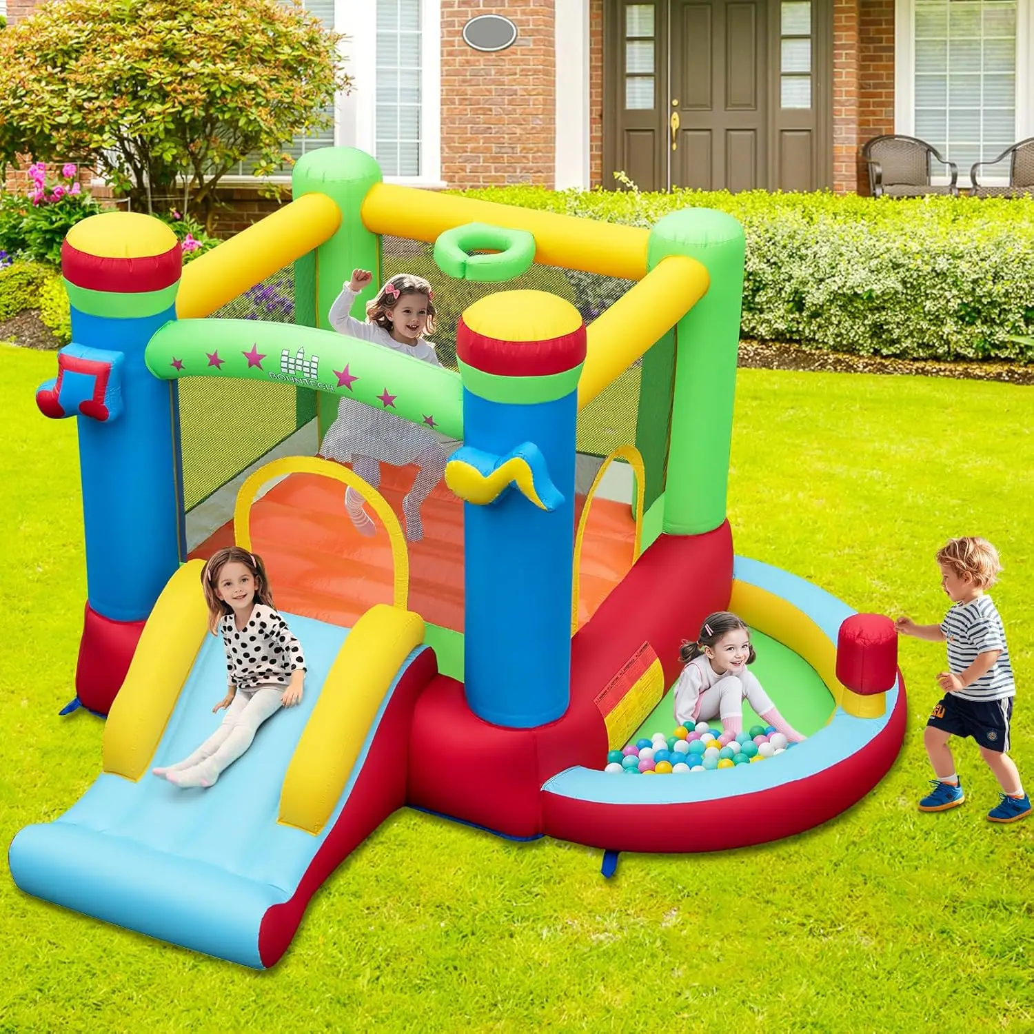 Inflatable Bounce House with Ball Pit, Bouncy House for Kids 3-12 Indoor Outdoor w/Large Jumping Area, Basketball Hoop, Bounce H view 3