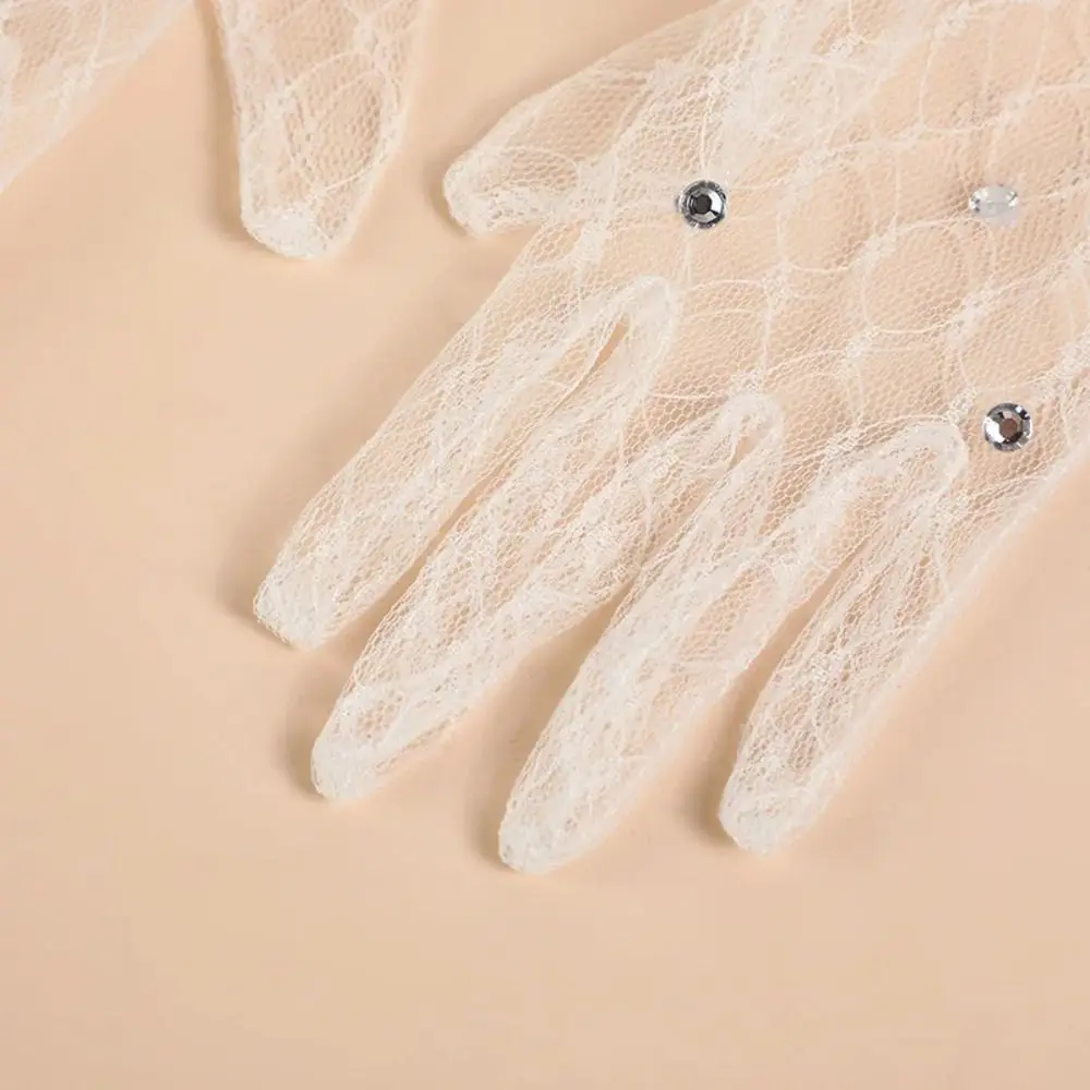 2 pares de guantes blancos de encaje para niños, guantes de princesa transpirables de malla con cinco dedos y diamantes de imitación brillantes para niñas