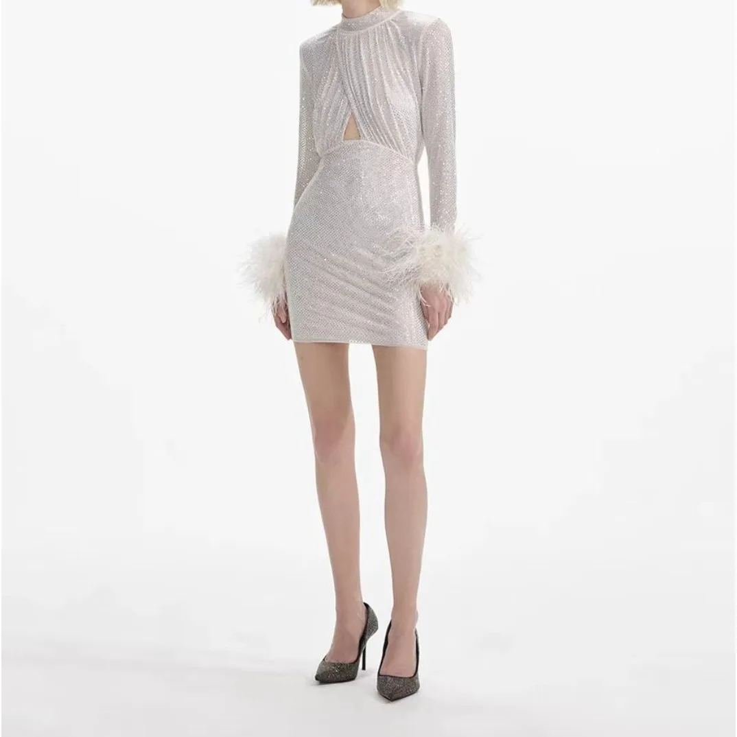 2024 New Autumn Sequins Silver Long Sleeve Feather Mini Dress for Women