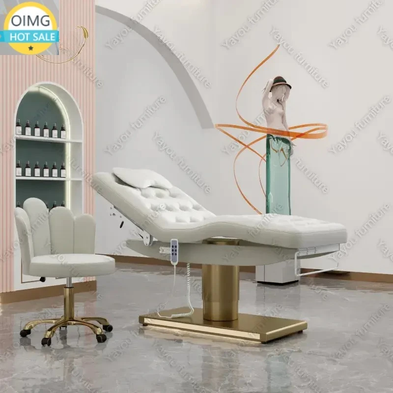 3-Motor Electric Beauty Bed with Gold Cylinder Base LED Lighting for Salon Spa Eyelash Chair
