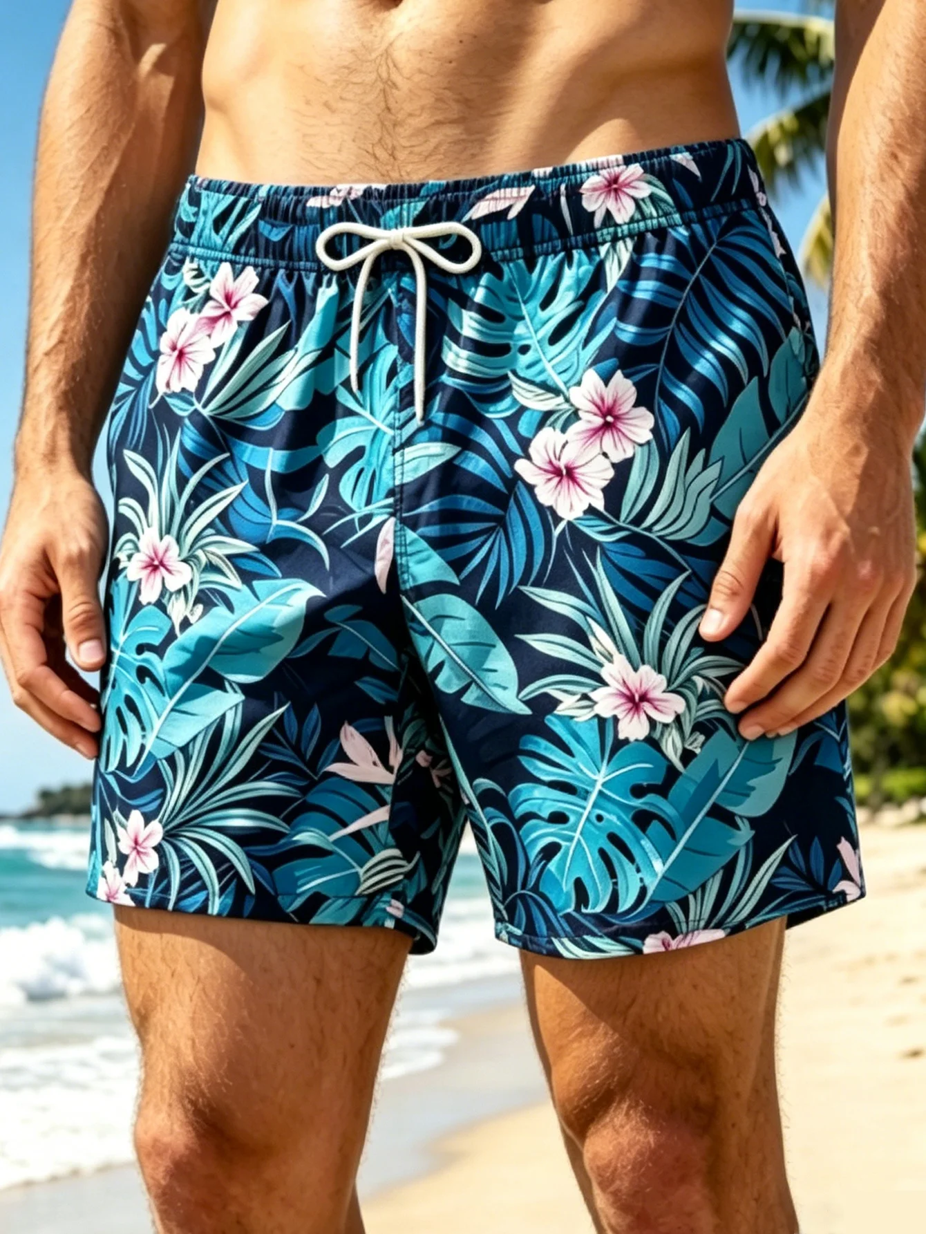 Men's 2-in-1 Casual Shorts with Built-in Triangle Lining, Drawstring Elastic Waistband Hawaiian Print Surfing Surf Shorts