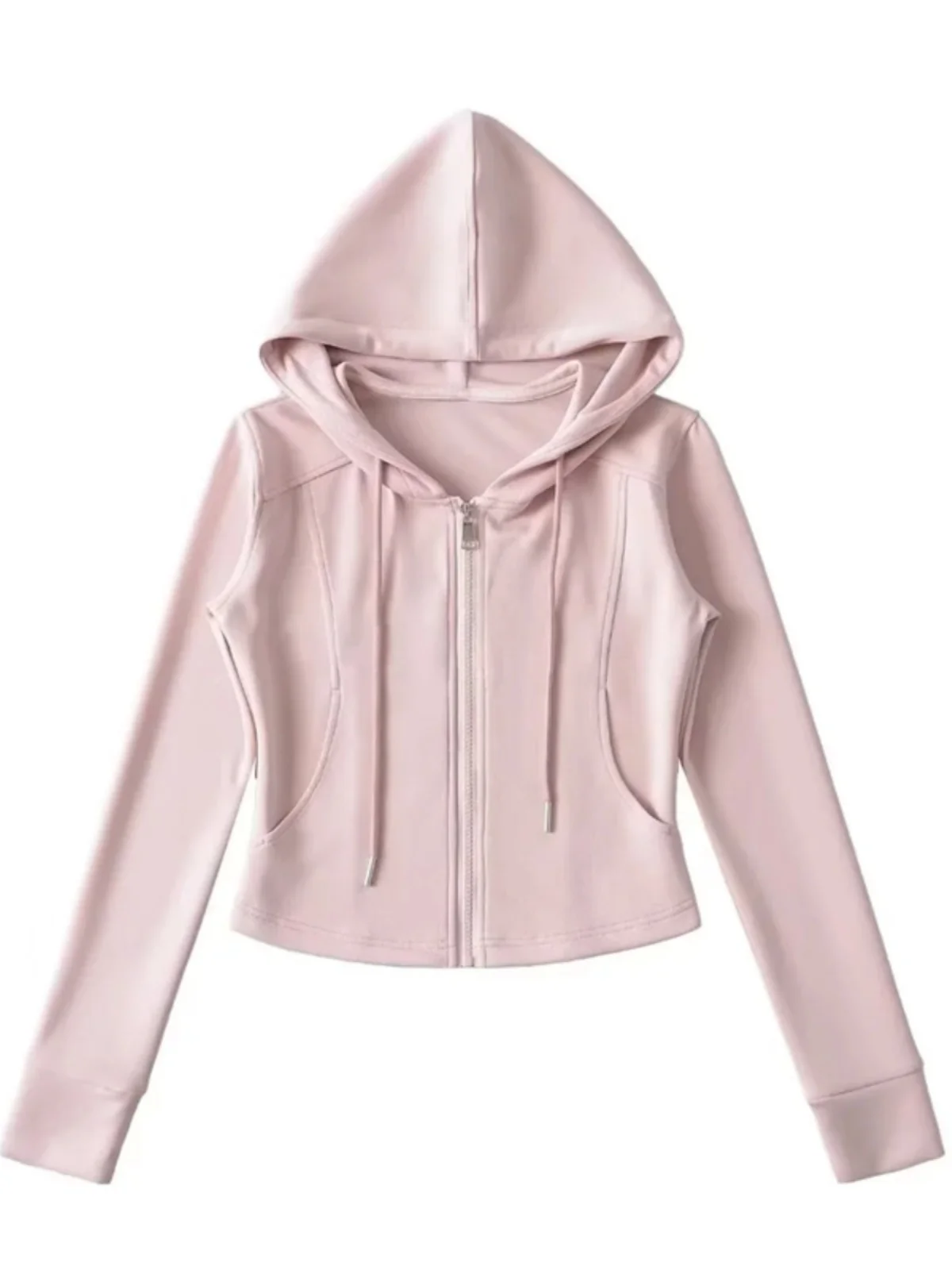

Light Pink Hoodie Women's Spring Autumn Zipper Casual Jacket Slim Fit Short Top Street Style Long Sleeve Hooded Sweatshirt