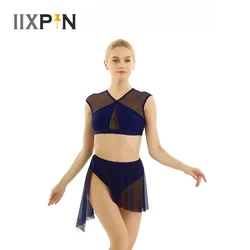 IIXPIN Frauen ballett Kleid trikot Asymmetrische Zeitgenössische Lyrical Dance Kleid Ärmel Criss Cross Crop Tops + Kurzen Rock