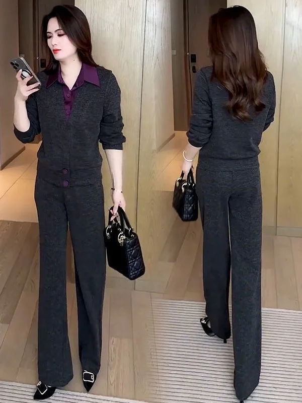 

Fashionable Mommy Two-Piece Set Straight Leg Pants Slimming Anti-Aging Spring Autumn New Style Casual Wear Polyester Fiber