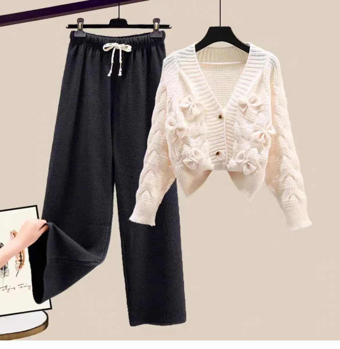 Two Piece Set For Women New In Sweater Matching Sets Korean Sweet Bow Outfit Long Sleeve Cardigan Knitwear Wide Leg Pants Set