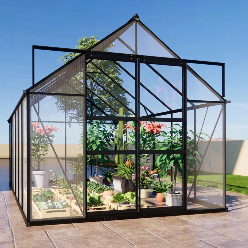 

Step in Outdoor Greenhouse, Polycarbonate Greenhouse Heavy-duty Kit with Adjustable Ventilation Windows and Sliding Doors