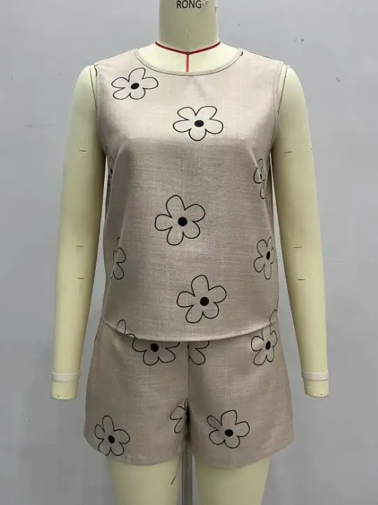 Top senza maniche con scollo tondo stampato traspirante semplice e alla moda da donna primaverile ed estivo con set di pantaloncini con elastico in vita