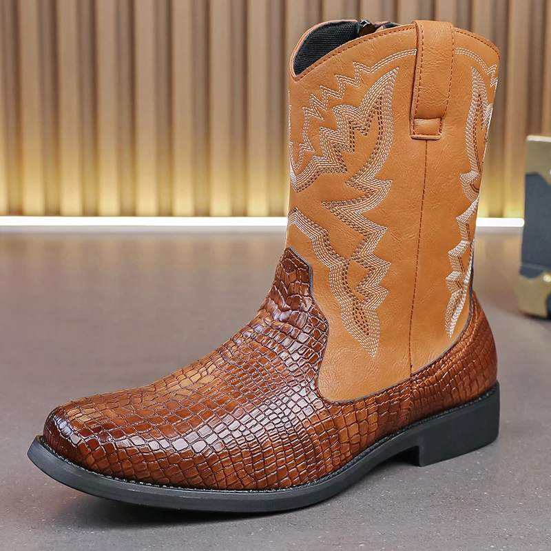 

New Vintage Men's Crocodile - Embossed Western Boots, Embroidered Mid-Calf Style, Zip-Up Daily Wear Boots for Fall/Winter