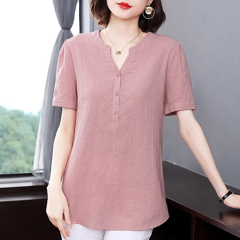 Clothes for Women 2024 Spring Summer Fashion V Neck Solid Blouse Elegant Short Sleeve Loose Shirt Casual Cotton Tunic Tops Blusa