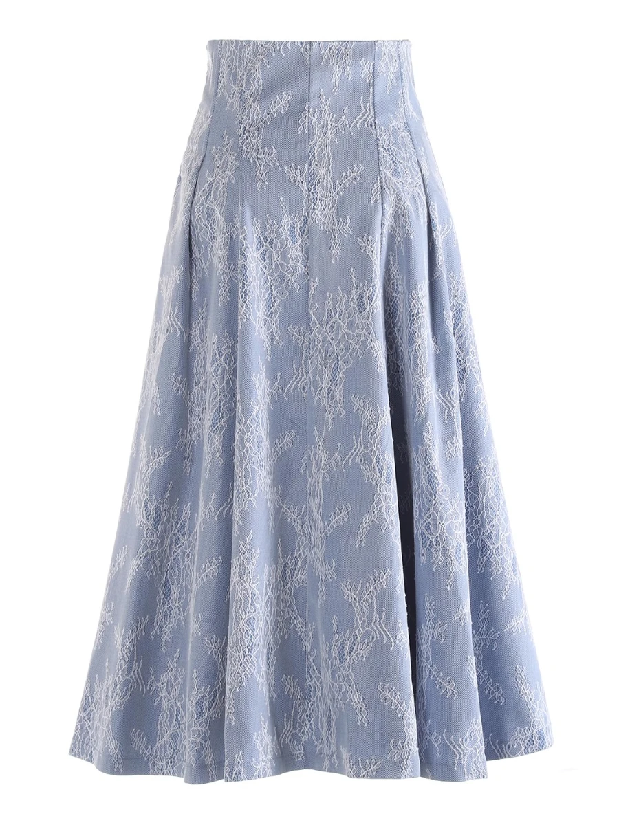 CHICEVER – jupe brodée épissée de couleur bleue pour femmes, tunique taille haute, élégante, Vintage, pliable, ligne A, Style d'été