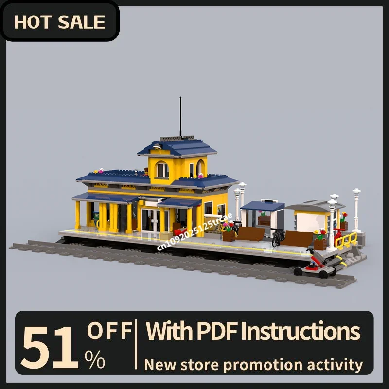 New 1936Pcs City Hot Street View Moc Modular Yellow Train Station Model  Custom Puzzles Diy Creative Ideas Toys Birthday Gifts