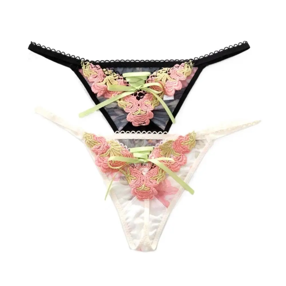 Soft Embroidery Lace Bow Thong Flower Underpants Lace Tied-up Panties G-String Seamless Women's Briefs Women