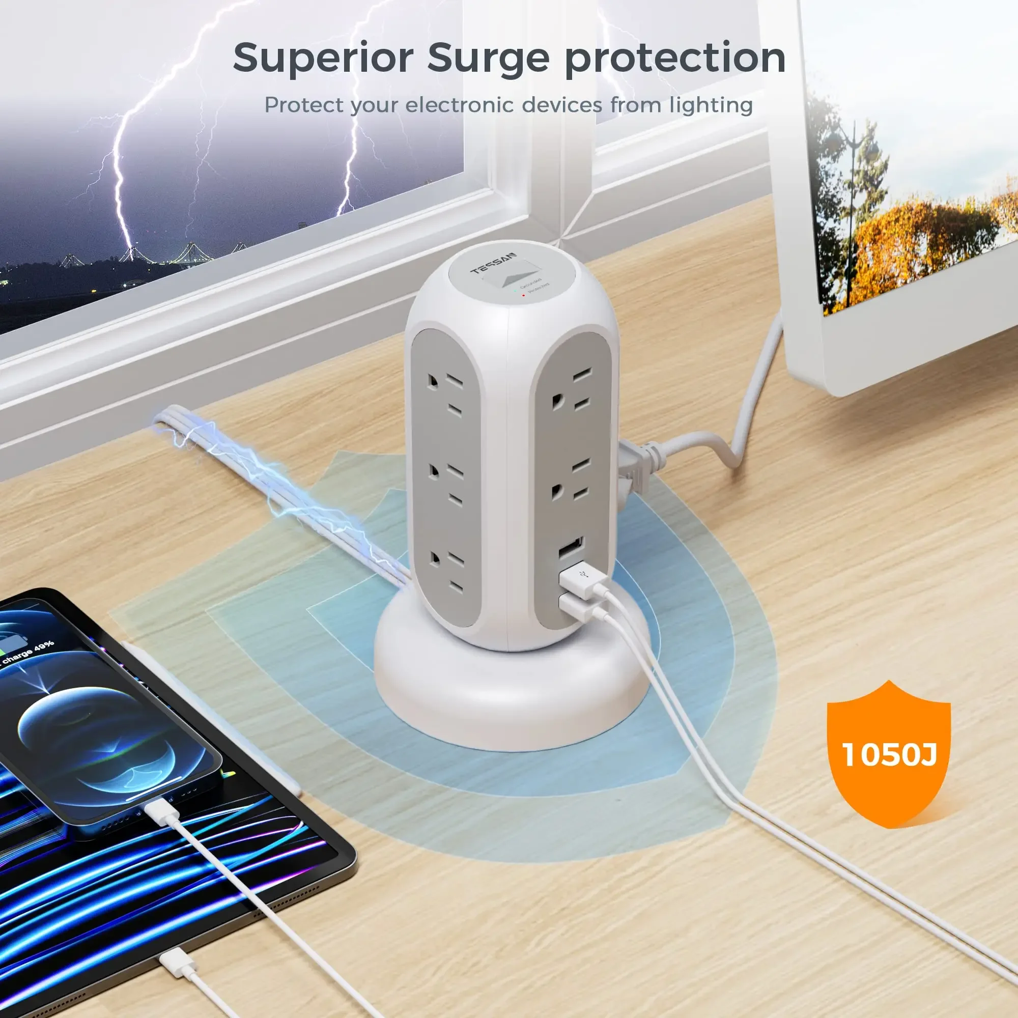 TESSAN Flat Plug Power Strip Tower with 8 AC Outlets & 4 USB Ports, Ultra Thin Retractable Extension Cord 5 FT for Home Office