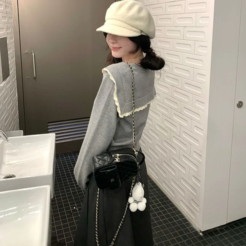 Suéter de punto ajustado largo Sve para mujer, cuello azul marino, pajarita, Top coreano Sle Floral College Sle, Otoño Invierno