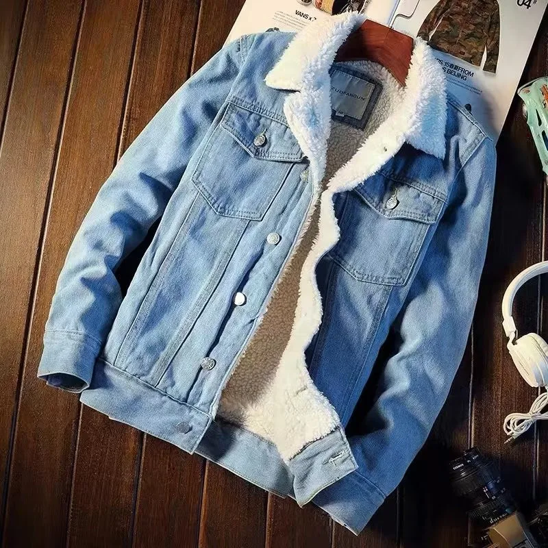 Men's Lined Denim Jacket Trucker Autumn Winter Vintage Fashion Cowboy Coat Plush Warm Outgoing Outwear