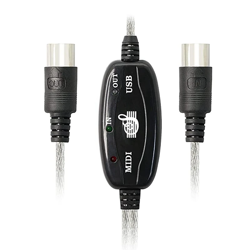 USB MIDI Cable Adapter, USB Type A Male To MIDI Din 5 Pin In-Out Cable Interface With LED Indicator For Music Keyboard